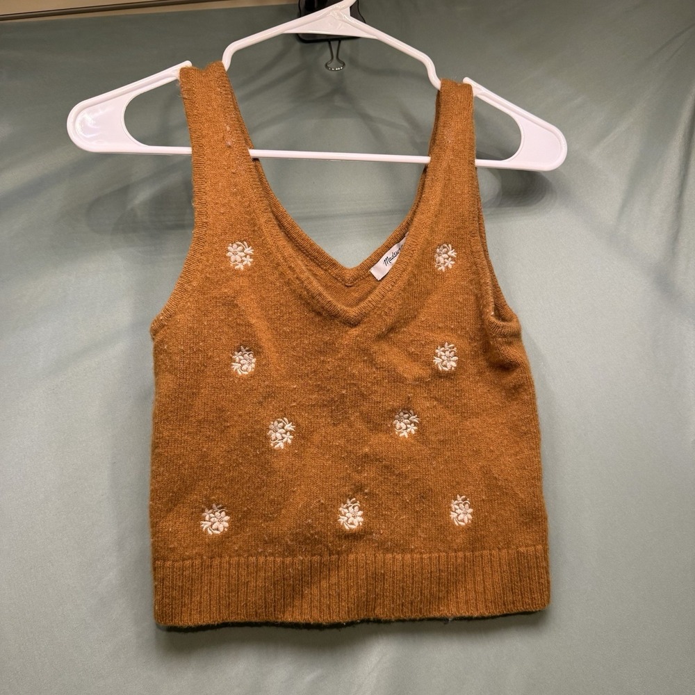 Madewell Floral-Embroidered V-Neck Sweater Tank Top Brown Cropped Boho Size XS